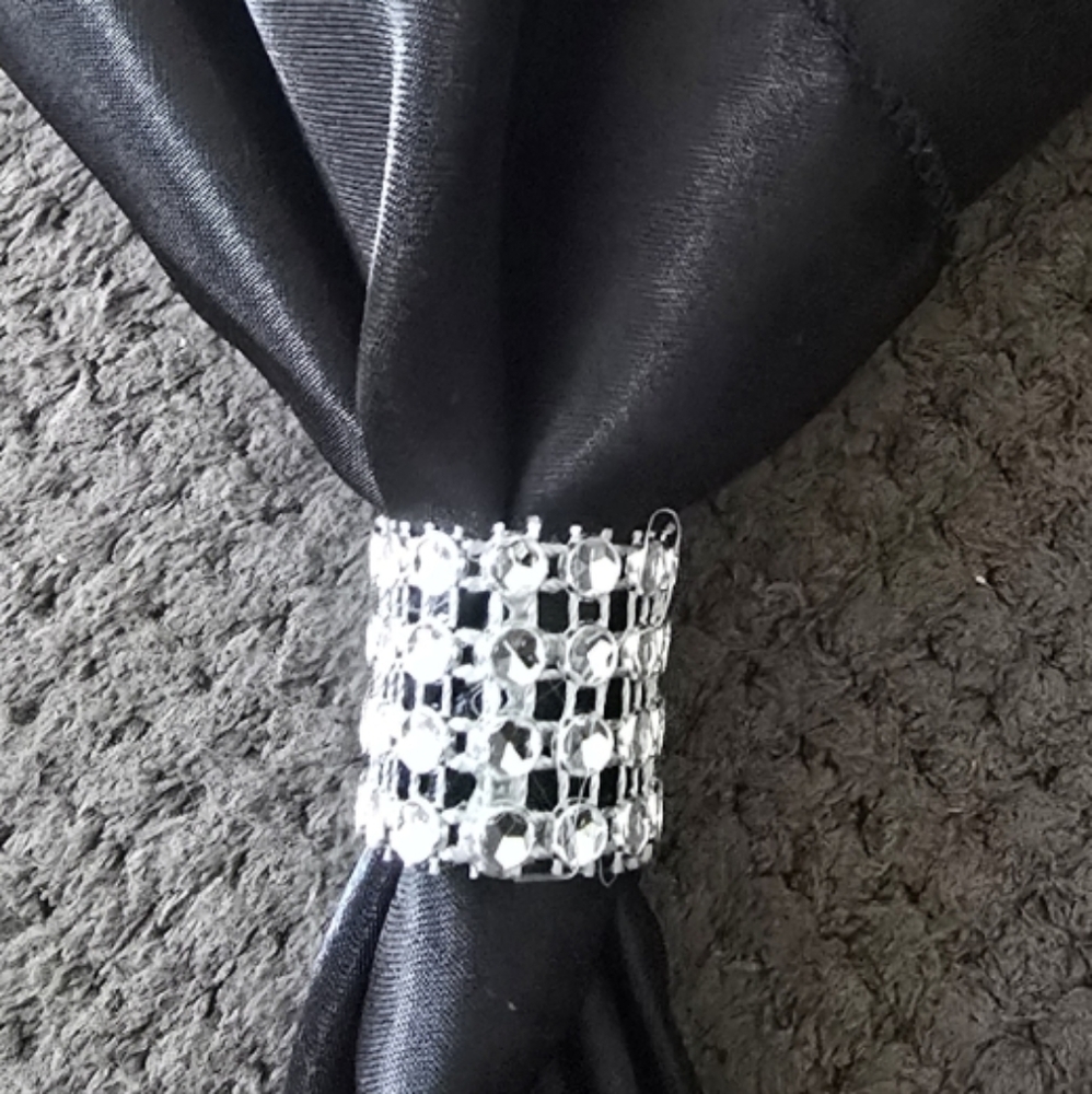 Elegant Black Satin Napkins with Silver Napkin Rings